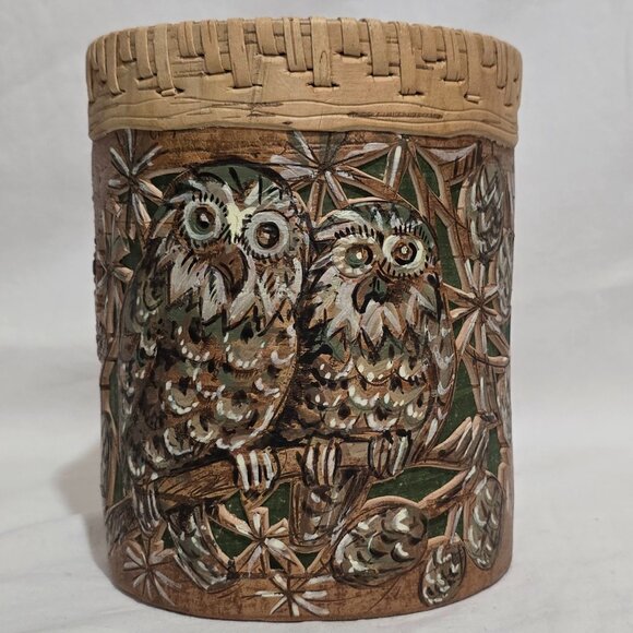 Birch Bark Carved and Hand Painted Signed Storage Container - Owls 6 1/4" 7 5/8" - Picture 1 of 8